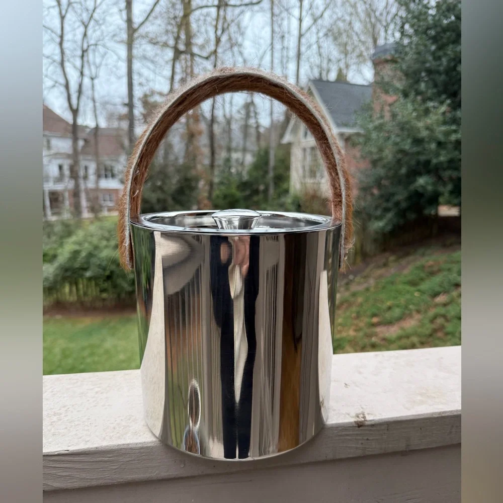 Silver Ice Bucket with animal hide Handle